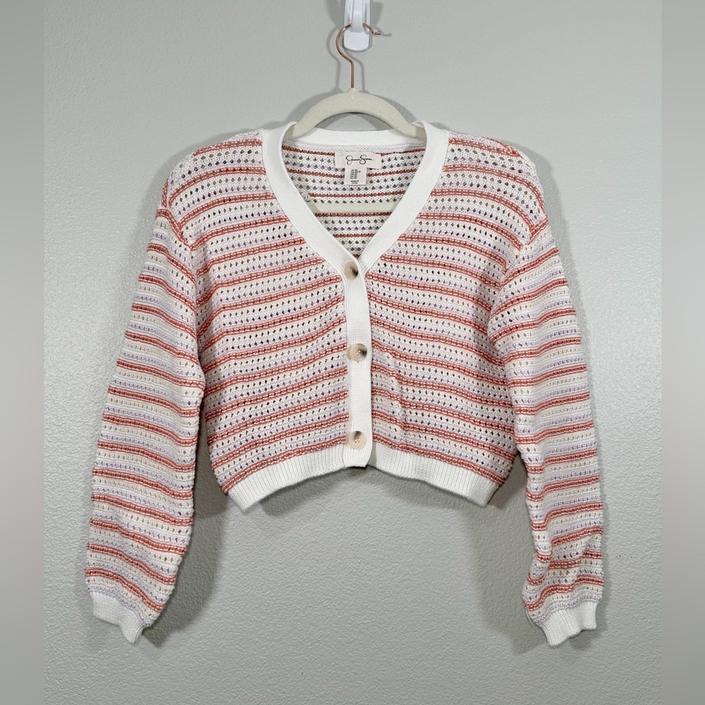 Jessica Simpson Sweater Cardigan Button White Purple Orange Knit Crop Women XS